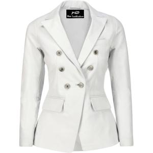 Jild Double Breasted Fancy Buttons Lambskin Leather Blazer Women – Kim Kardashian Long Sleeve Coat Style Leather Jacket Women(White)