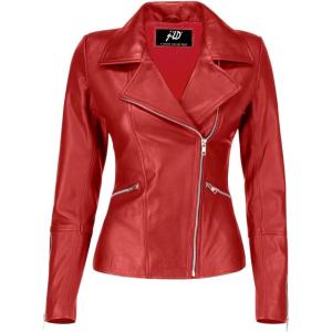 Jild Women’s Asymmetrical Zip-Up Real Lambskin Leather Motorcycle Jacket – Casual Fashion Moto Biker Leather Jacket Women(Red)