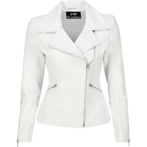 Jild Women’s Asymmetrical Zip-Up Real Lambskin Leather Motorcycle Jacket – Casual Fashion Moto Biker Leather Jacket Women(White)