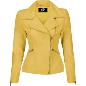 Jild Women’s Asymmetrical Zip-Up Real Lambskin Leather Motorcycle Jacket – Casual Fashion Moto Biker Leather Jacket Women(Yellow)