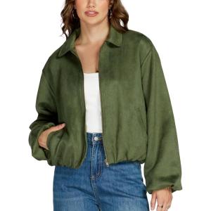 Ladyful Faux Suede Bomber Jacket Women Cropped Long Sleeve Zip Up Y2K Fall Leather Coat Outerwear(Arym Green)
