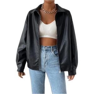 MakeMeChic Women’s Faux Leather Shacket Long Sleeve Zip Up Motorcycle Jacket Biker Coat(Black)