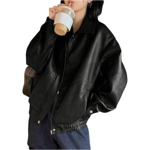 MakeMeChic Women’s Faux Leather Shacket Long Sleeve Zip Up Motorcycle Jacket Biker Coat(Black a)
