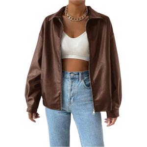 MakeMeChic Women’s Faux Leather Shacket Long Sleeve Zip Up Motorcycle Jacket Biker Coat(Brown)