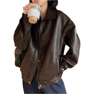 MakeMeChic Women’s Faux Leather Shacket Long Sleeve Zip Up Motorcycle Jacket Biker Coat(Coffee Brown)
