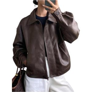 MakeMeChic Women’s Faux Leather Shacket Long Sleeve Zip Up Motorcycle Jacket Biker Coat(Dark Brown)
