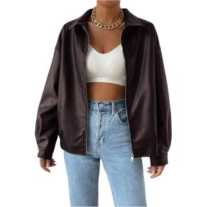 MakeMeChic Women’s Faux Leather Shacket Long Sleeve Zip Up Motorcycle Jacket Biker Coat(Maroon)