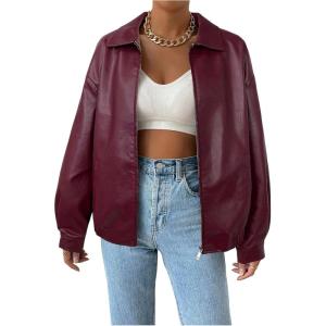 MakeMeChic Women’s Faux Leather Shacket Long Sleeve Zip Up Motorcycle Jacket Biker Coat(Rose Red)