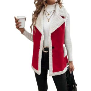 Mywinway Sherpa Vest Womens Fall Winter Faux Fur Suede Leather Vest Jacket Sleeveless Lambswool Fur Warm Coat(Maple Red)