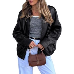 PHISOCKAT Faux Leather Jacket Women Oversized Motorcycle Leather Jackets Trendy Zip Up Fall Bomber Jacket 2025 with Pockets(Black)