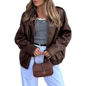 PHISOCKAT Faux Leather Jacket Women Oversized Motorcycle Leather Jackets Trendy Zip Up Fall Bomber Jacket 2025 with Pockets(Brown)