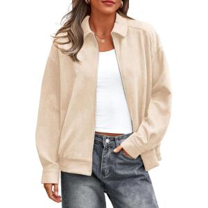 PRETTYGARDEN Faux Suede Bomber Jacket Women Fall Fashion 2026 Casual Zip Up Oversized Trendy Winter Clothing Outerwear Coats(Beige)