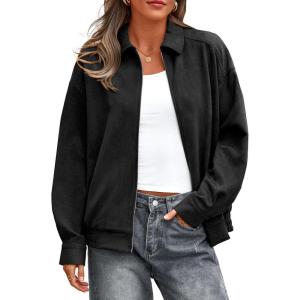 PRETTYGARDEN Faux Suede Bomber Jacket Women Fall Fashion 2026 Casual Zip Up Oversized Trendy Winter Clothing Outerwear Coats(Black)