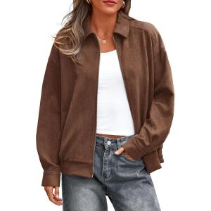 PRETTYGARDEN Faux Suede Bomber Jacket Women Fall Fashion 2026 Casual Zip Up Oversized Trendy Winter Clothing Outerwear Coats(Brown)