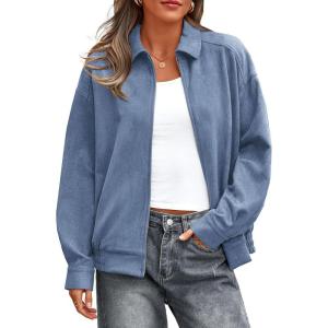 PRETTYGARDEN Faux Suede Bomber Jacket Women Fall Fashion 2026 Casual Zip Up Oversized Trendy Winter Clothing Outerwear Coats(Dusty Blue)