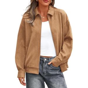PRETTYGARDEN Faux Suede Bomber Jacket Women Fall Fashion 2026 Casual Zip Up Oversized Trendy Winter Clothing Outerwear Coats(Khaki)