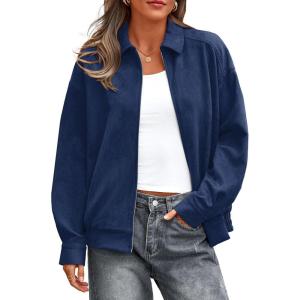 PRETTYGARDEN Faux Suede Bomber Jacket Women Fall Fashion 2026 Casual Zip Up Oversized Trendy Winter Clothing Outerwear Coats(Navy Blue)