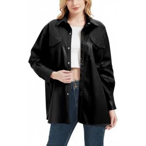 RISISSIDA Women Faux Leather Shacket Jacket Loose Fit, Spring Fall Casual Lapel Button Down Long Sleeve Pleather Shirts(Black)