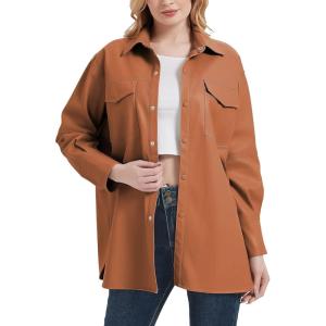 RISISSIDA Women Faux Leather Shacket Jacket Loose Fit, Spring Fall Casual Lapel Button Down Long Sleeve Pleather Shirts(Brown)