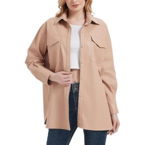 RISISSIDA Women Faux Leather Shacket Jacket Loose Fit, Spring Fall Casual Lapel Button Down Long Sleeve Pleather Shirts(Light Pink)