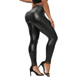 SEASUM Faux Leather Leggings for Women Stretchy High Waisted Butt Lifting Black Pleather Pants Outfit Sexy PU Leggings Tights(#7 Back Pocket – Black)