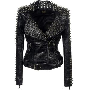 SX Women Punk Faux Leather PU Black Jacket Studded Rivet Fashion Streetwear Motorcycle Coat(Black)