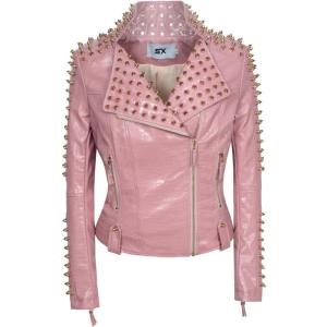 SX Women Punk Faux Leather PU Black Jacket Studded Rivet Fashion Streetwear Motorcycle Coat(Pink)
