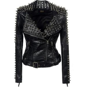 SX Women Punk Faux Leather PU Black Jacket Studded Rivet Fashion Streetwear Motorcycle Coat(Pu Black)