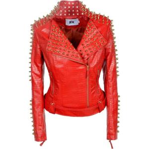 SX Women Punk Faux Leather PU Black Jacket Studded Rivet Fashion Streetwear Motorcycle Coat(Red)
