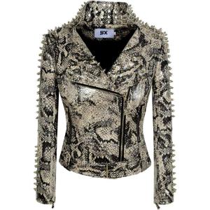 SX Women Punk Faux Leather PU Black Jacket Studded Rivet Fashion Streetwear Motorcycle Coat(Snakeskincolor)