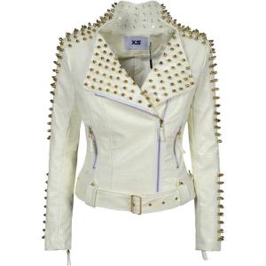SX Women Punk Faux Leather PU Black Jacket Studded Rivet Fashion Streetwear Motorcycle Coat(White)