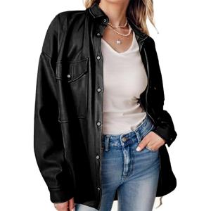 SeekMe Women’s PU Leather Jacket Shacket Button Down Lapel Blazer Coat with Bust Pocket(Black)