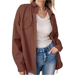 SeekMe Women’s PU Leather Jacket Shacket Button Down Lapel Blazer Coat with Bust Pocket(Darkbrown)