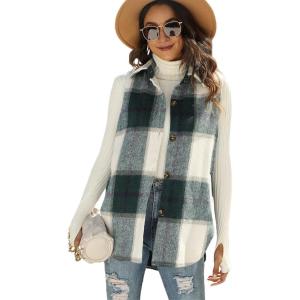 Tanming Women’s Plaid Vest Brushed Flannel Sleeveless Shacket Shirt Jacket with Pockets(Green)