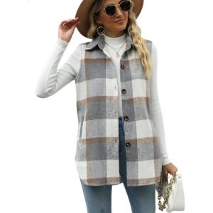Tanming Women’s Plaid Vest Brushed Flannel Sleeveless Shacket Shirt Jacket with Pockets(Grey)