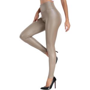 VOGUEMAX Women’s Faux Leather Leggings High Waisted Pleather Pants for Women Black Stretchy Sexy PU Tights(Fleece Lined-grey Brown)