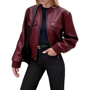 Women Leather Jacket Faux Cropped Bomber Coat Cute Short for Casual Vacation Travel College Going Out Classy Outfit(Maroon)