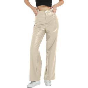 Women’s Black Leather Pants – High Waist Faux Leather Straight Leg Bell Bottom Flare Pants(Beige)