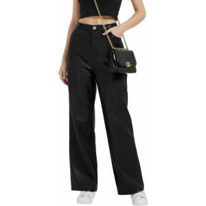 Women’s Black Leather Pants – High Waist Faux Leather Straight Leg Bell Bottom Flare Pants(Black)