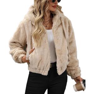 Women’s Faux Fur Crop Coat Full Zip Fleece Sherpa Jacket with Hood(Apricot)