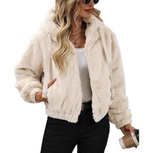 Women’s Faux Fur Crop Coat Full Zip Fleece Sherpa Jacket with Hood(Beige)