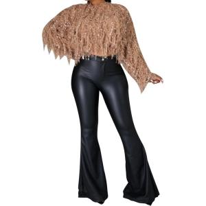 Women’s Faux Leather Bell Botom Flare Pants High Waist Stretchy Leggings Wide Leg Trousers(Flare Black)