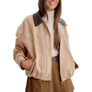 Womens Faux Suede Bomber Jacket Casual Lapel Pilot Cropped Jackets Oversized Motorcycle Zip Up Outerwear Coats(Khaki)