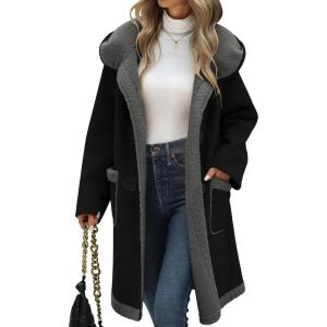Women’s Faux Suede Coat Sherpa Fleece Lined Oversize Duffle Coat Winter Mid-Length Hooded Toggle Jacket with Pockets(Black)