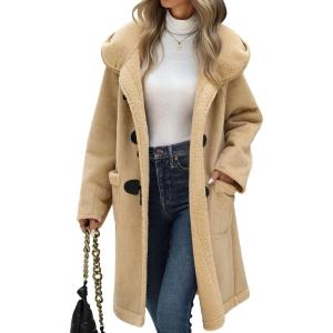 Women’s Faux Suede Coat Sherpa Fleece Lined Oversize Duffle Coat Winter Mid-Length Hooded Toggle Jacket with Pockets(Light Khaki)