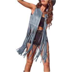 Women’s Fringe Vest Sleeveless 70s Hippie Faux Suede Trim Western Cowgirl Tassel Jacket Cardigan(Blue)