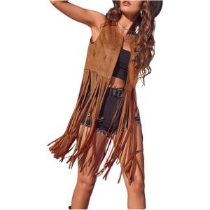 Women’s Fringe Vest Sleeveless 70s Hippie Faux Suede Trim Western Cowgirl Tassel Jacket Cardigan(Deep Brown)