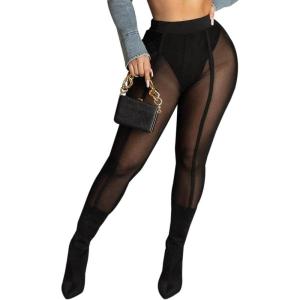 Women’s Sexy See Through Sheer Mesh Pants Leggings High Waist Casual Sweatpants Tights(Black01)