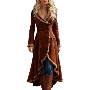 Womens Sherpa Lined Suede Jacket Fleece Faux Leather Trench Coat Double Breasted Jacket Vintage Western Jackets(Coffee)