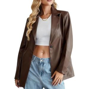 Womens Smart Casual Faux Leather Blazer Jacket Moto Biker Coat Long Sleeves Button Fashion Coats(Brown)